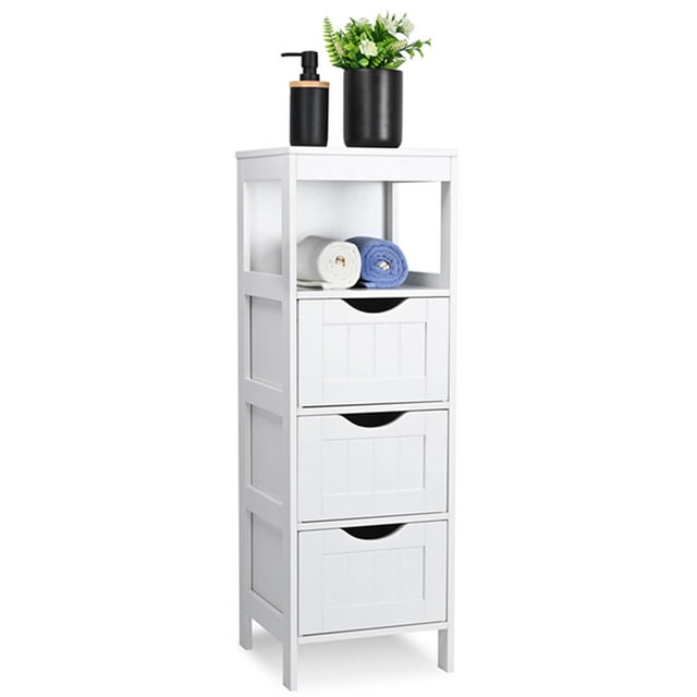 Bathroom Floor Cabinet, Wooden Storage Cabinet with 3 Drawers and Open Shelf, featuring a slim white design made of MDF material. The cabinet measures 11.8”D x 11.8”W x 35”H and includes three pull-out drawers with cutout handles and an open shelf for displaying items like towels or decor. The top surface is shown with a black soap dispenser and a potted plant. Suitable for bathroom storage or as a multifunctional organizer in other rooms.
