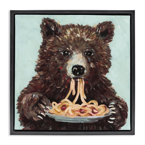 Whimsical Bear & Spaghetti Black Framed Floater Canvas Wall Art, design by Studio Bautista
