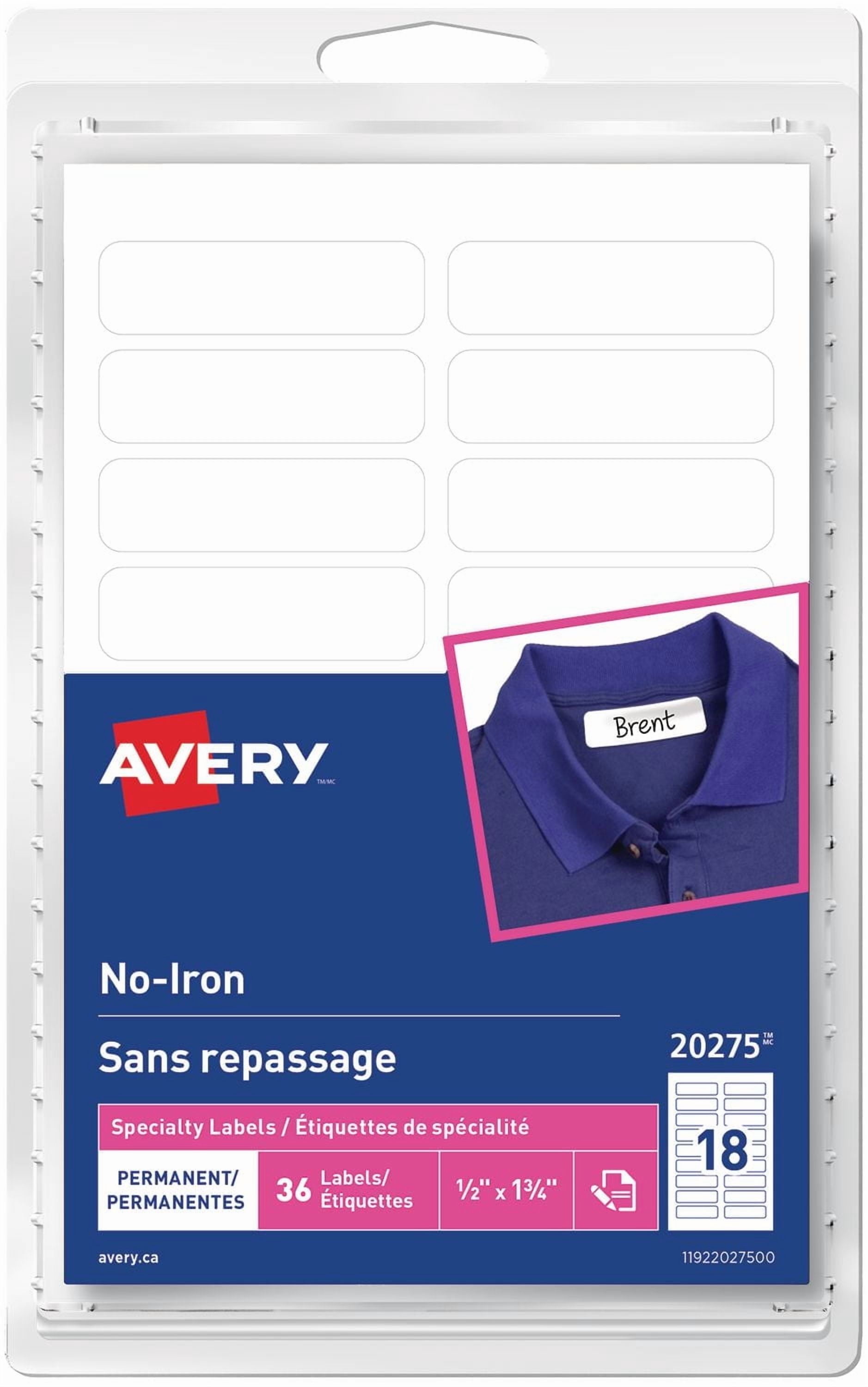 Avery Permanent No-Iron White Clothing Labels, Pack of 36, 1/2" x 1-3/4"