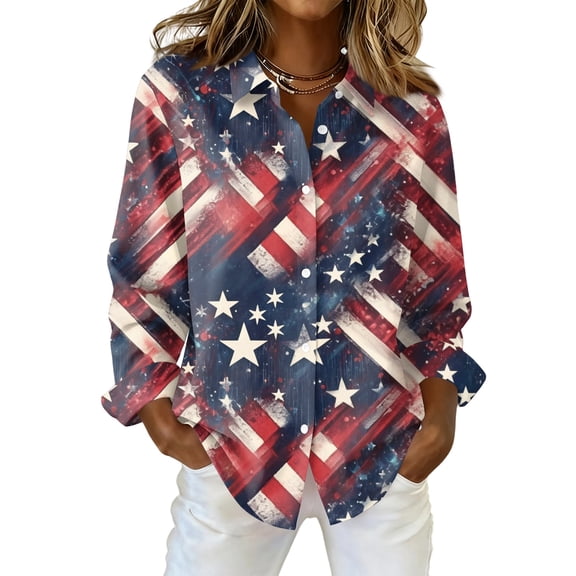 Domzest Womens Usa 250th Anniversary Shirt Patriotic Long Sleeve V Neck Butoon Down Tshirts 4th Of July American Flag Elements Shirts Dark Blue 3XL
