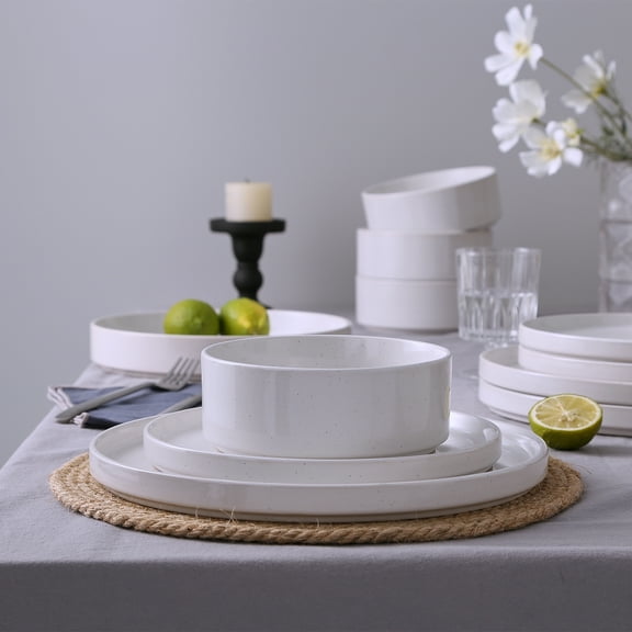 Famiware Nebula Plates and Bowls Set, 12 Pieces Dinnerware Sets, Dishes Set for 4, White with Colorful Speckles