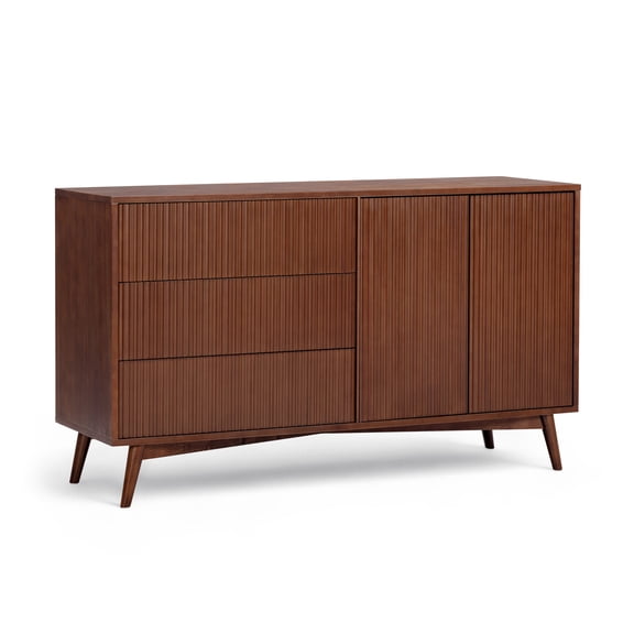 Tremolo 3-Drawer 2-Door Wood Sideboard Cabinet, Walnut – Teamson Home: Push-Open Storage & Contemporary Fluted Fronts for Living or Dining Room