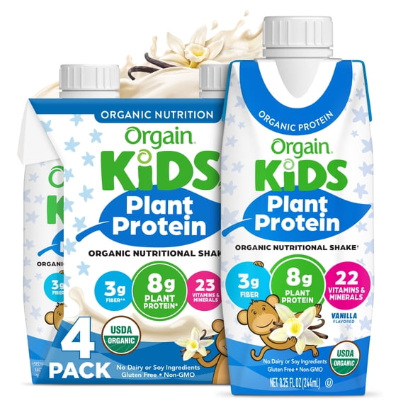 Orgain Organic Kids Vegan Nutritional Shake, 23 Vitamins & Minerals, Vanilla, 8 fl. oz, 4ct