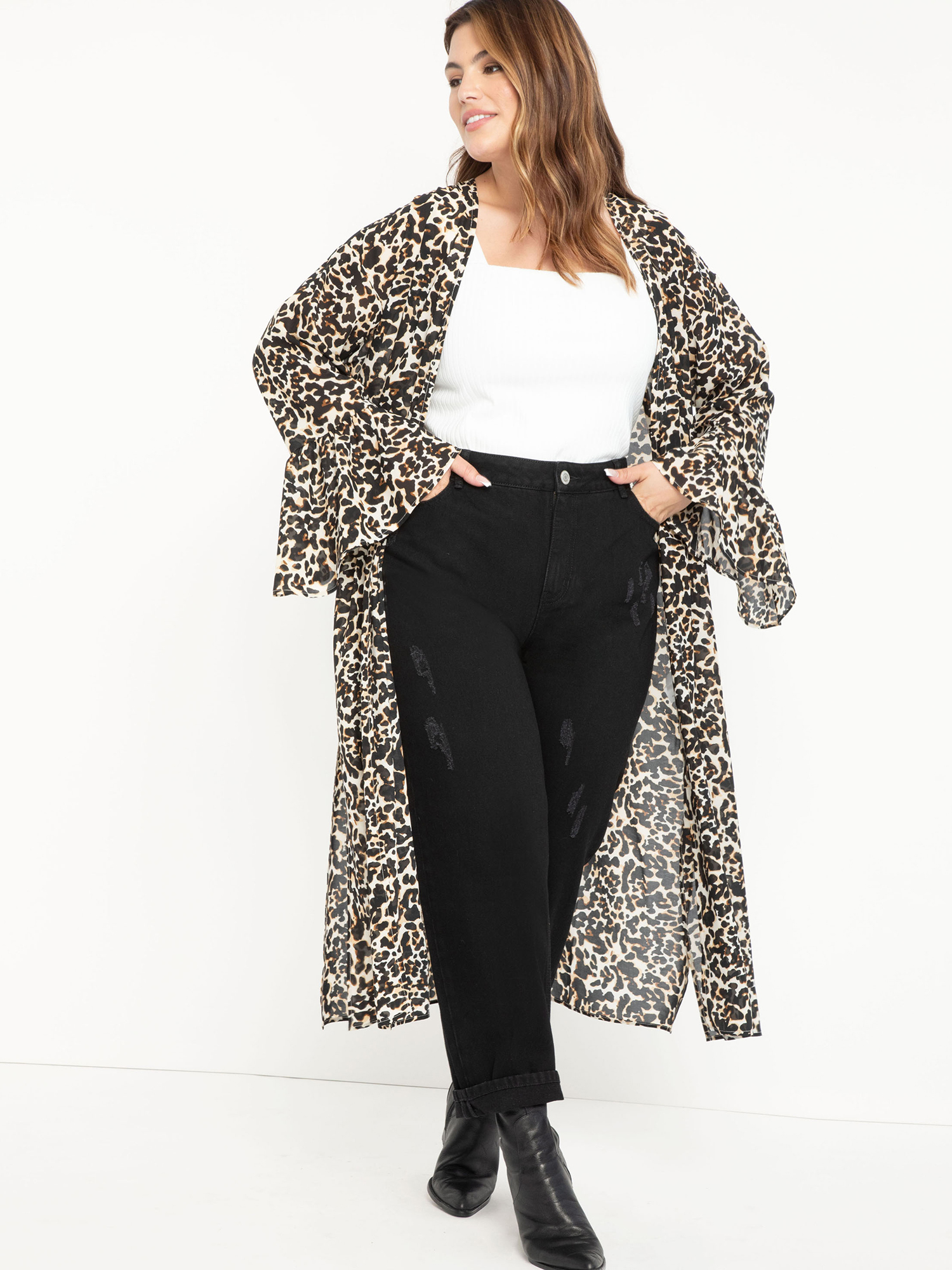 ELOQUII Elements Plus Size Leopard Print Duster with Statement Sleeves - image 3 of 4