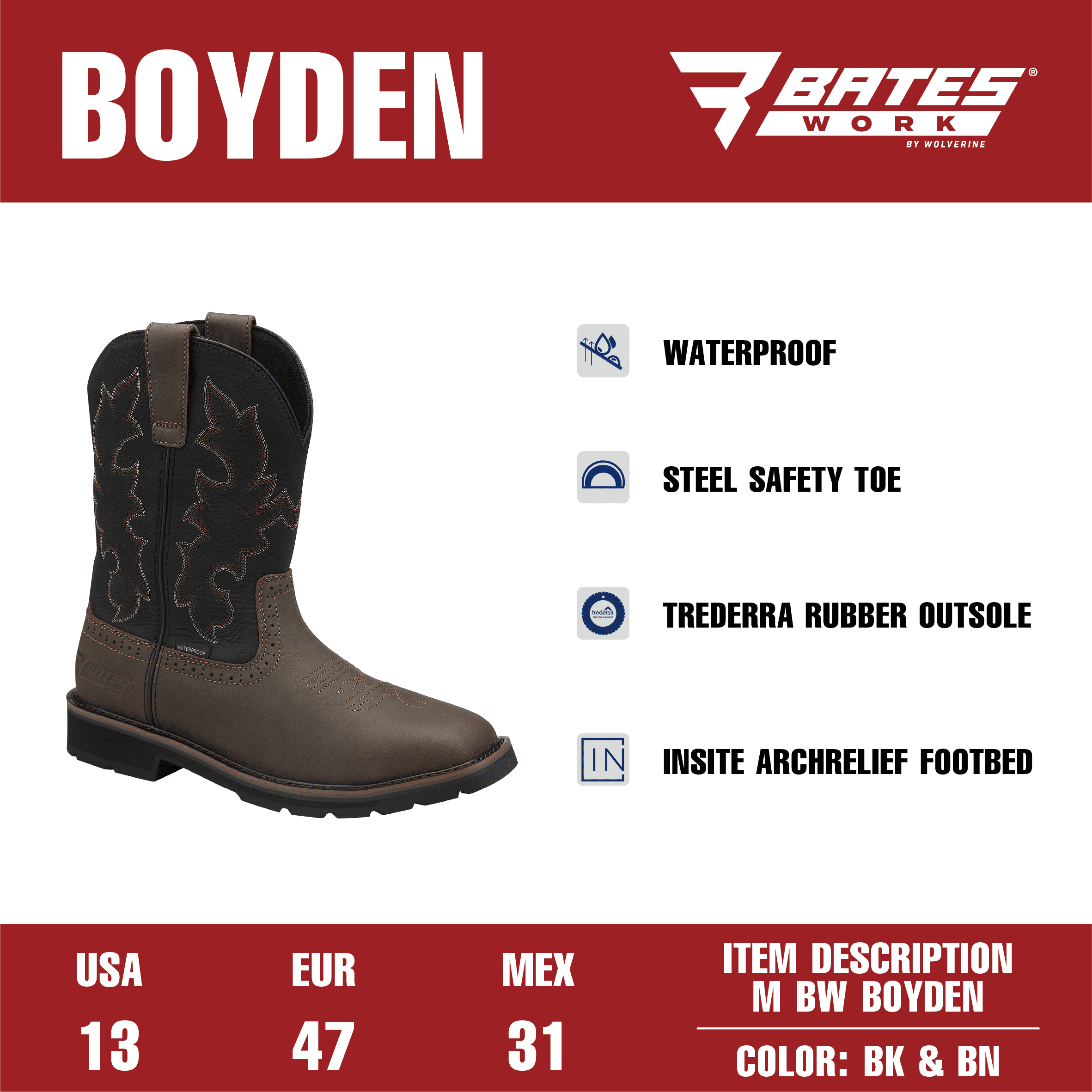 Bates Work by Wolverine Men's Boyden Waterproof Steel Toe Western Work Boot