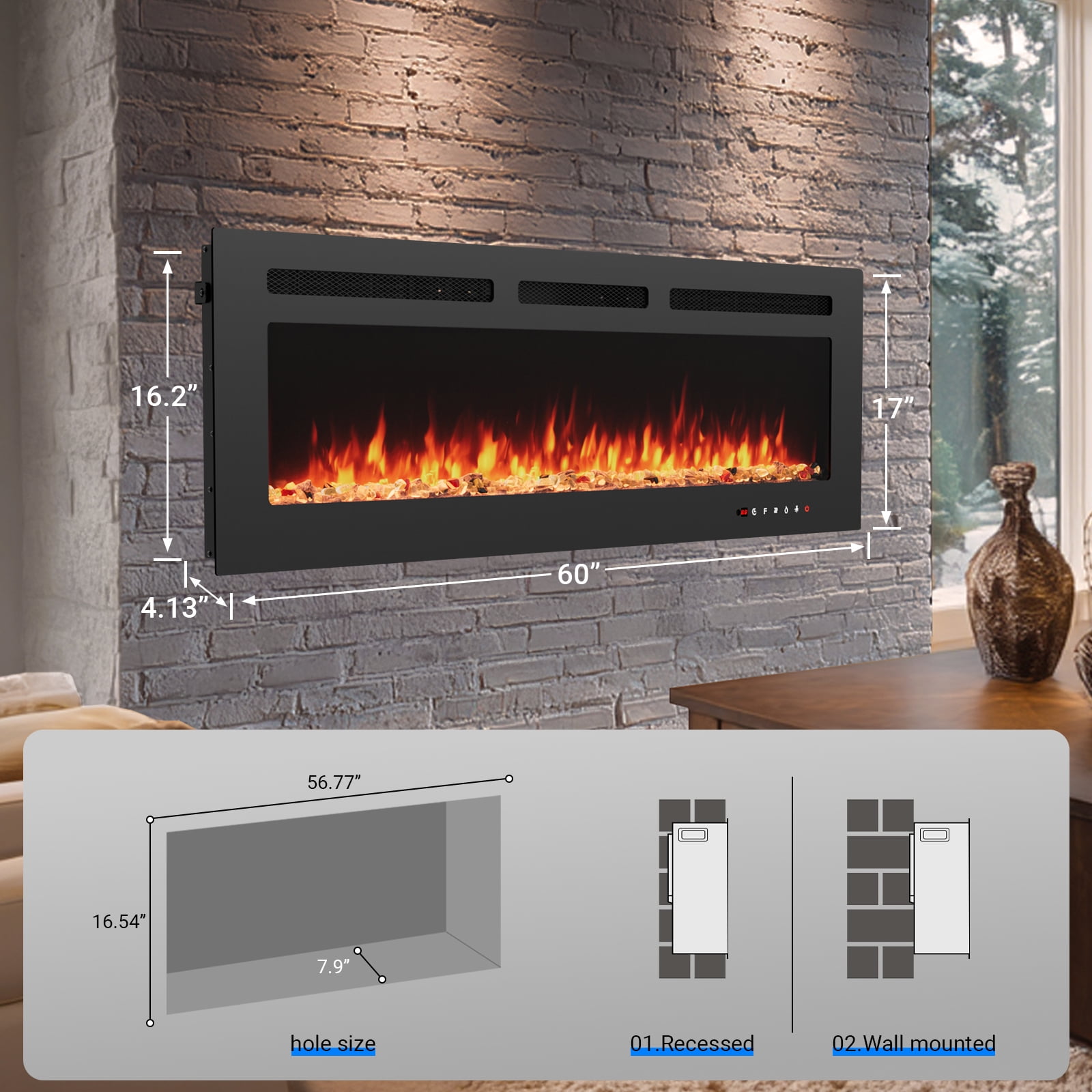 Joreek 60" Electric Fireplace, 750W/1500W, 12 Adjustable Flame Colors, 12-Hour Timer, Low-Noise Design, Supports Wall-Mounted/Freestanding/Built-In Installation