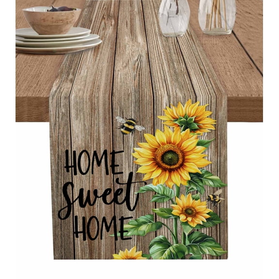 Hokiten Table Runners 48 Inches Long Dress Scarves, Sunflower Bee Farmhouse Kitchen/Dining Table Runner, Short Coffee Tablerunners, Farmhouse Country Wooden Plank Brown 13x48 Inch