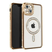 Entronix Magnetic Crystal Case for iPhone 15 Plus, Luxury Rhinestone Cute Bumper Cover for Girls, Gold