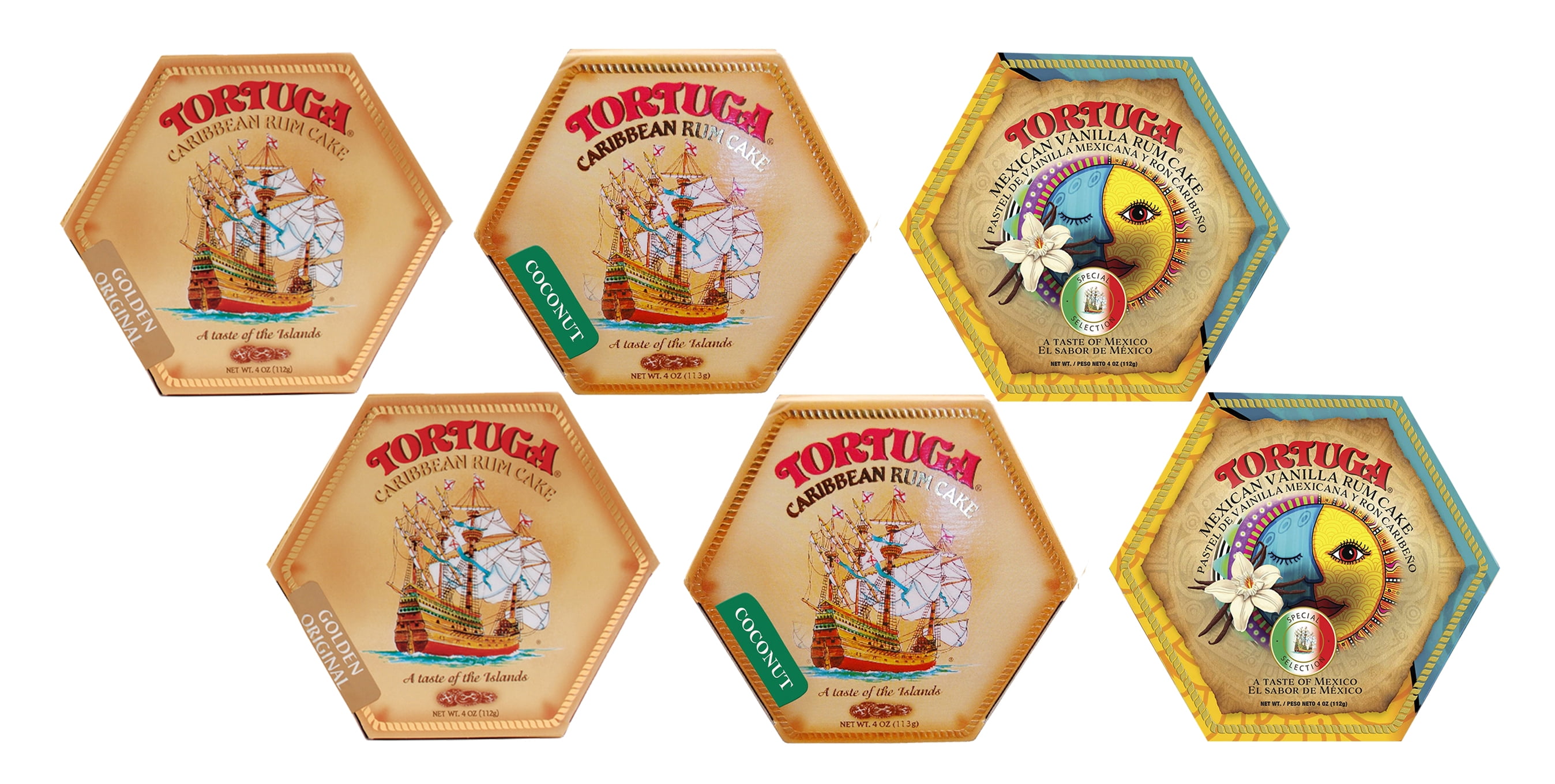 Tortuga Caribbean Rum Cake 4 oz Golden Original, Coconut, Mexican Vanilla 6 PACK
