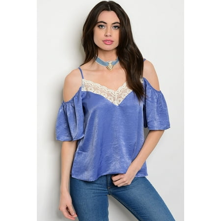 Love J Light Blue Satin Cold Shoulder Top Small