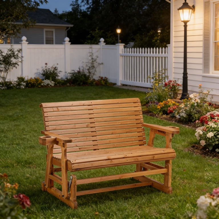 Zimtown 2-Person Wooden Glider Bench, Teak with Cup Holder photo 3