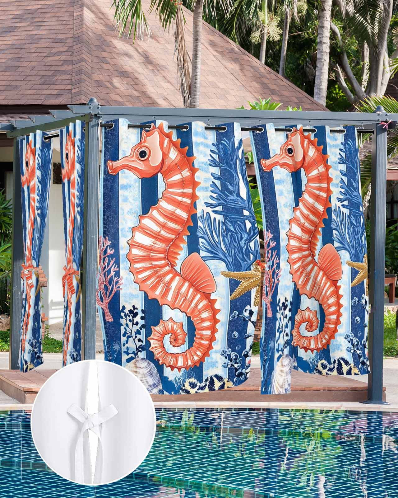 Orange Red Seahorse Outdoor Curtains for Patio, Coastal Ocean Coral Striped Privacy Drapes Grommet Waterproof Outside Curtains for Porch/Cabana/Balcony 54"x 108", 1 Panel
