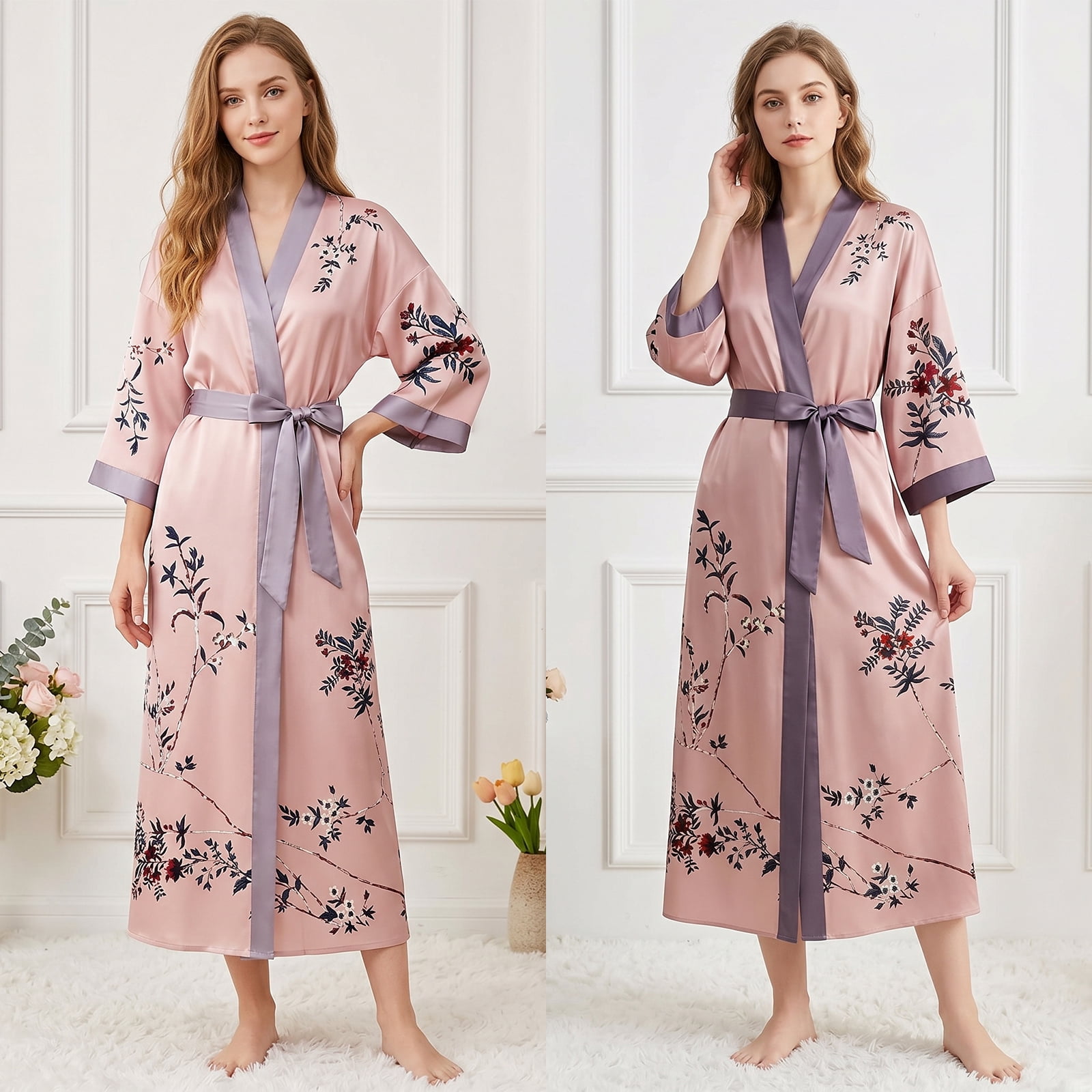 AMITOFO Long Silky Kimono Robes for Women Lightweight Silky Satin Floral Bathrobe Soft Cozy Ladies Housecoat Loungewear