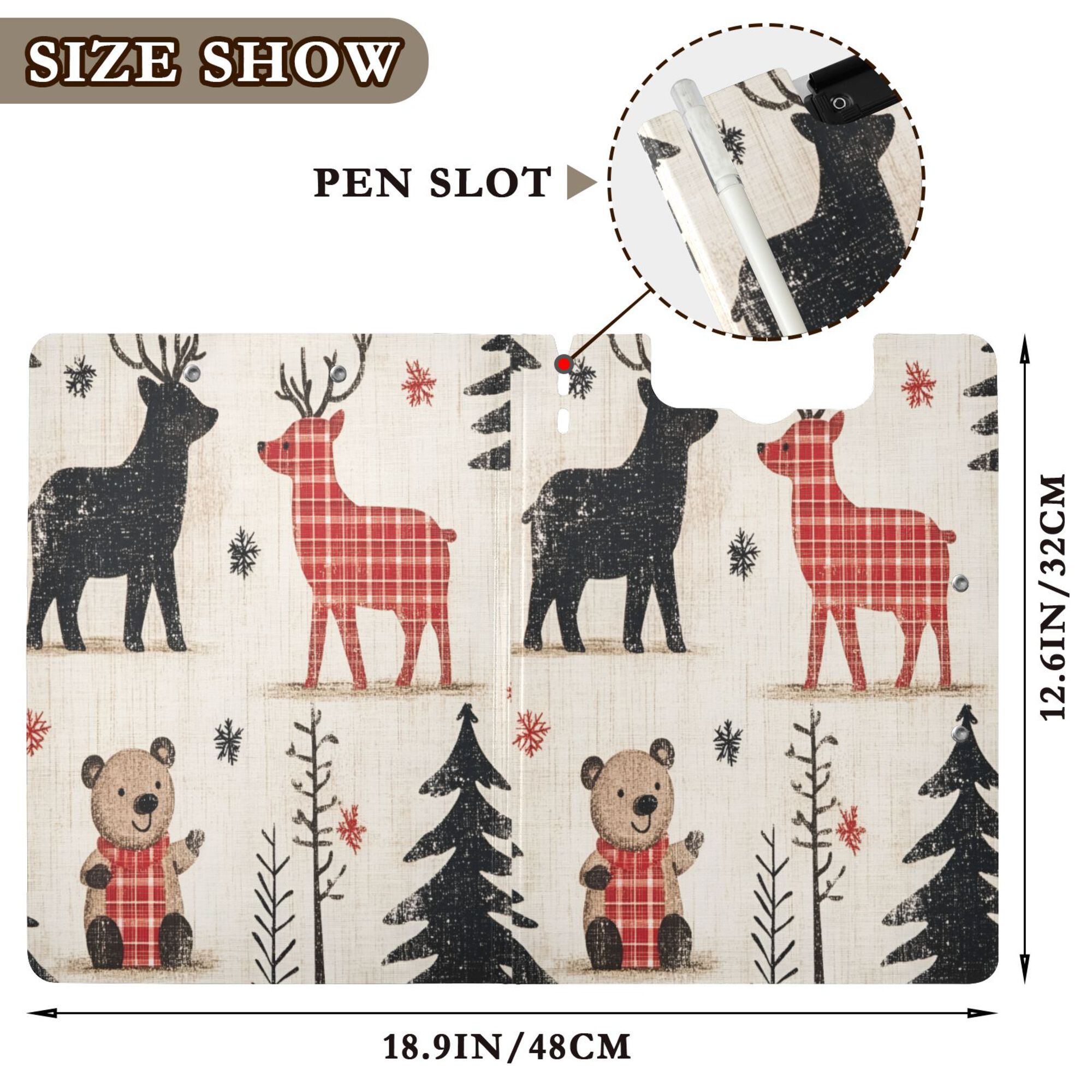 FORMRS A4 Clipboard Folder with Pen Holder Horizontal Foldable School Office Binder, Retro Christmas Forest