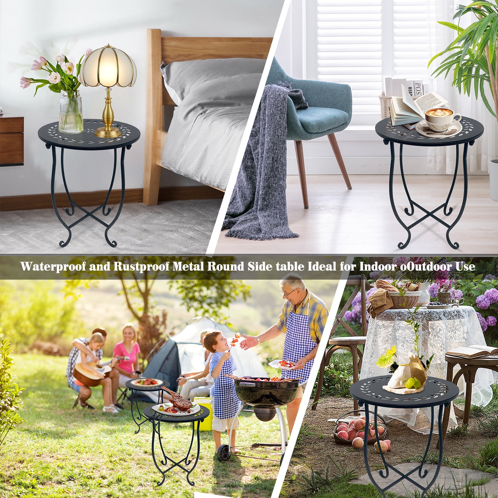 KABB 17-Inch Tall 14 inch Round End Table, Unique Relief Ceramic Tile Tabletop, Metal Scrollwork Accent, Black
