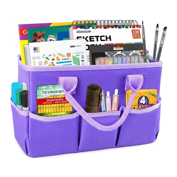 Desktop Tote Organizer with Handles, Teacher Caddy for Arts, Books & Office Supplies, Stationery Storage for Desk, Makeup Travel Case, Purple
