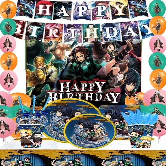 Demon Anime Slayer Theme Party Decorations Tableware Set , 125PCS Anime Birthday Plates and Cups Napkins Tablecloth Birthday Decorations Tableware