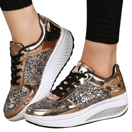 

iOPQO Women s Wedges Women s Ladies Wedges Sneakers Sequins Shake Shoes Fashion Girls Sport Shoes QY007 Ladies Color Sequin Mirror Gold 39