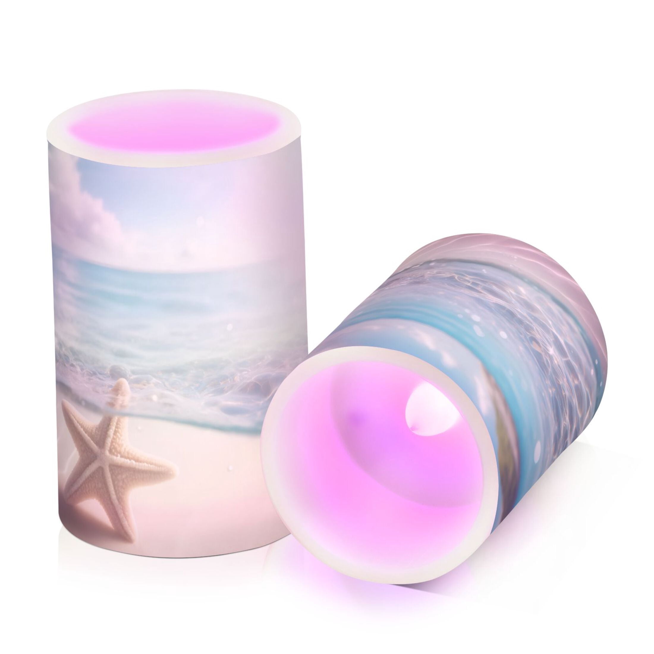 Starfish on Sand Beach Flickering Flameless LED Candles set of 2 Battery Operated 18-Key Remotes Timer Halloween Fall Decor D3''xH4''5''