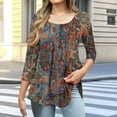 thumbnail image 3 of JTZGDY Summer Tunic Tops for Women Dressy Casual 2025 Fashion 3/4 Lenght Sleeve Floral Printed Ruched Pleated Crewneck Graphic T-Shirts Loose Fit Curvy Hem Blouse Brown#02 XXL, 3 of 7