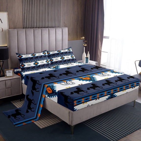 Erosebridal Navy Blue Aztec Bed Sheets Twin , Hippie Farmhouse Lodge Cabin Bedding Sets Twin Size, Horse Print Room Decor 3pcs