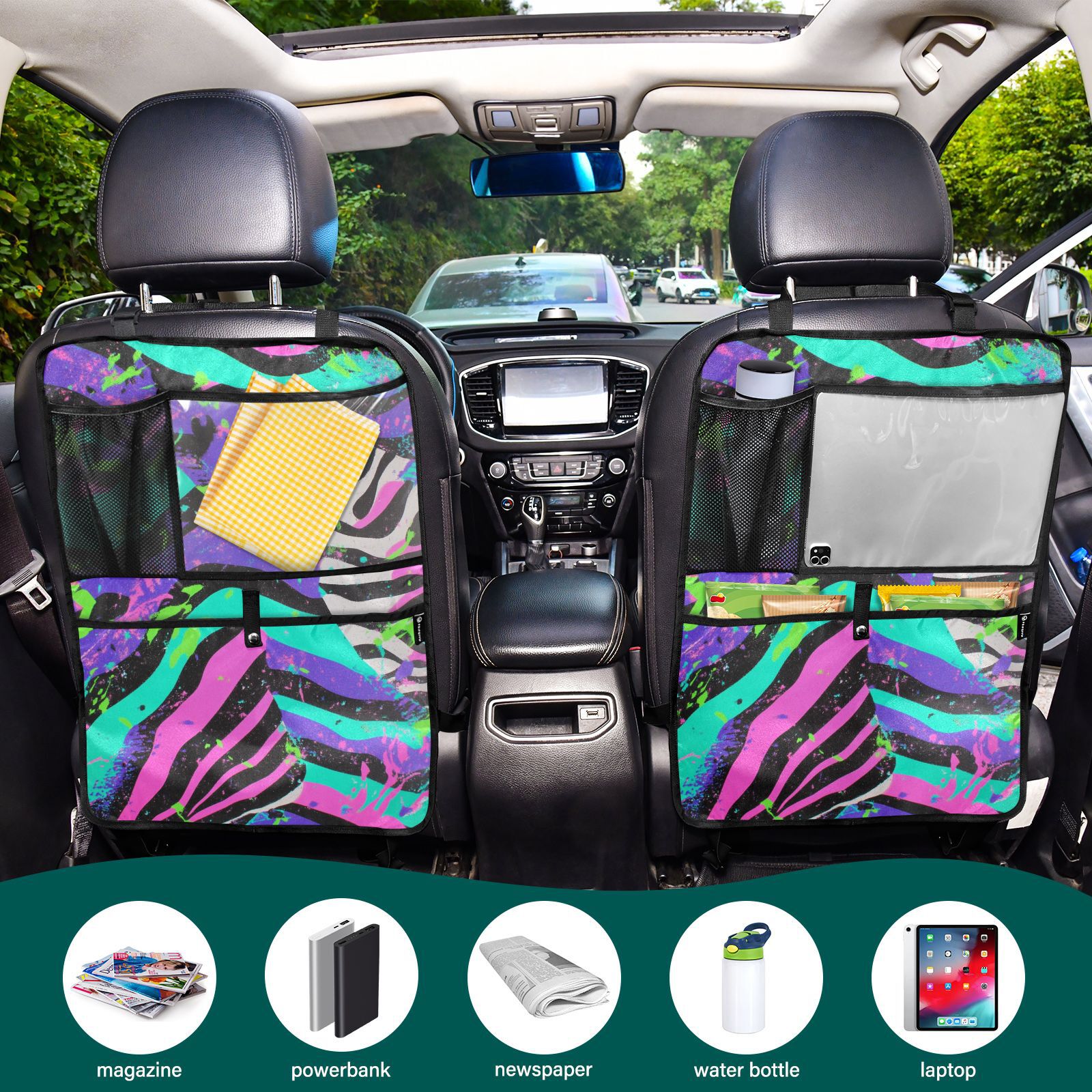 Neon zebra splatter print art 61 Pack Backseat Protector Seat Covers for Your Car, SUV, Minivan or Truck Seats - Vehicle Back Seat Safety Accessories - Universal Fit Automotive Interior Protectors