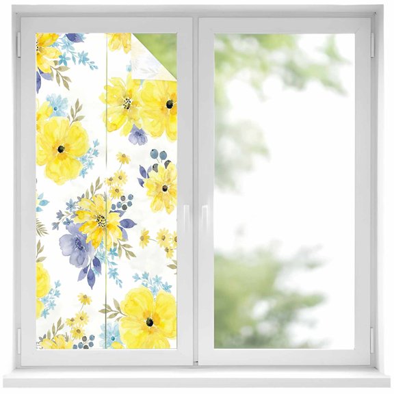 Yellow Watercolor Floral Window Privacy Film, Spring Flower Abstract Art Static Cling UV Sun Blocking Heat Control Window Tint Day and Night, Non-Adhesive One Way Windows Privacy Cover 19.6''x39.3''