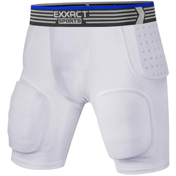 Exxact Sports Rebel 5-Pad Youth Football Girdle for Boys with Integrated Hip, Thighs, Tailbone Pads, Padded Compression Shorts, Football Girdle Youth with Cup Pocket (White, YS)