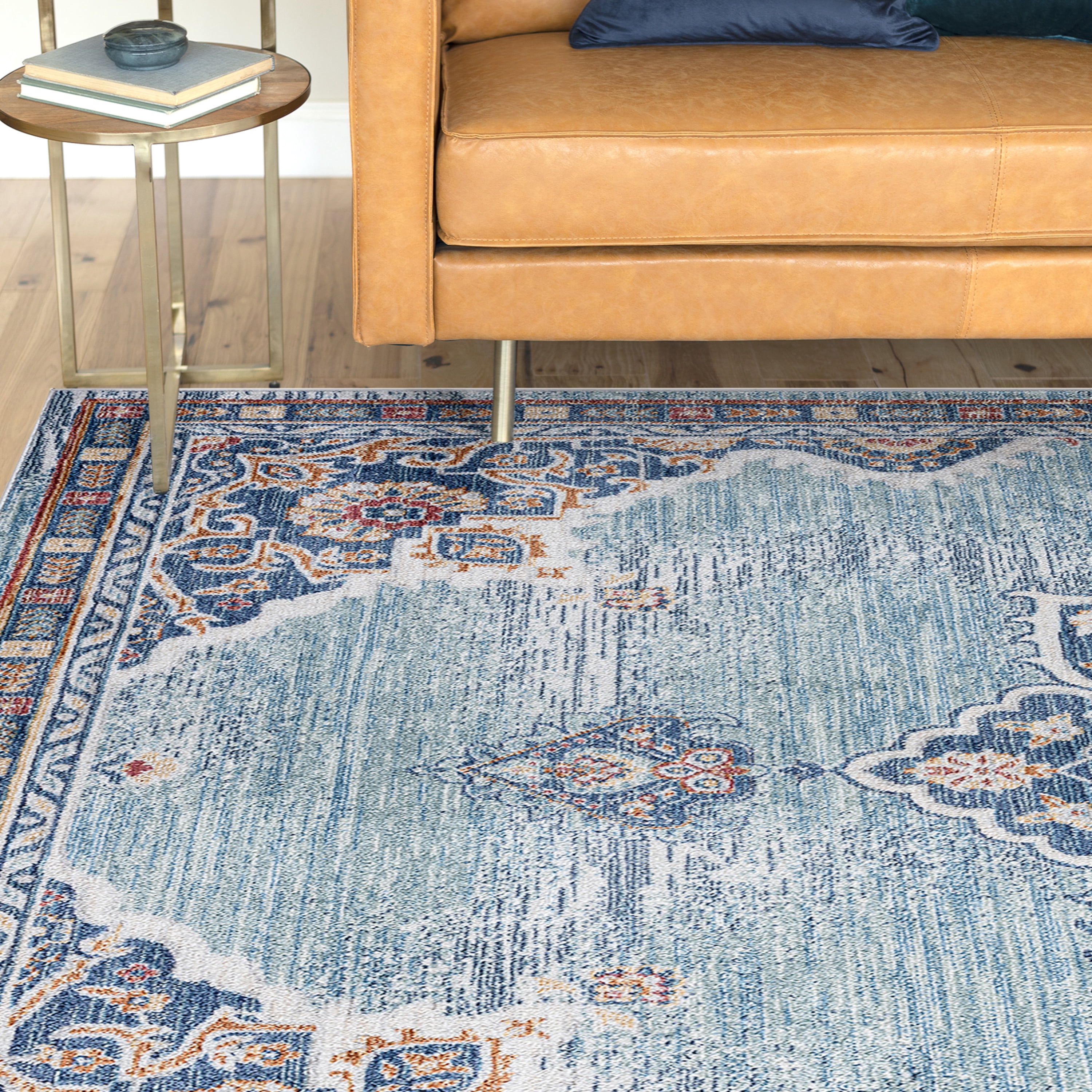Traditional 9x12 Area Rug (8'10'' x 12'2'') Medallion Navy, Aqua Living Room Easy to Clean