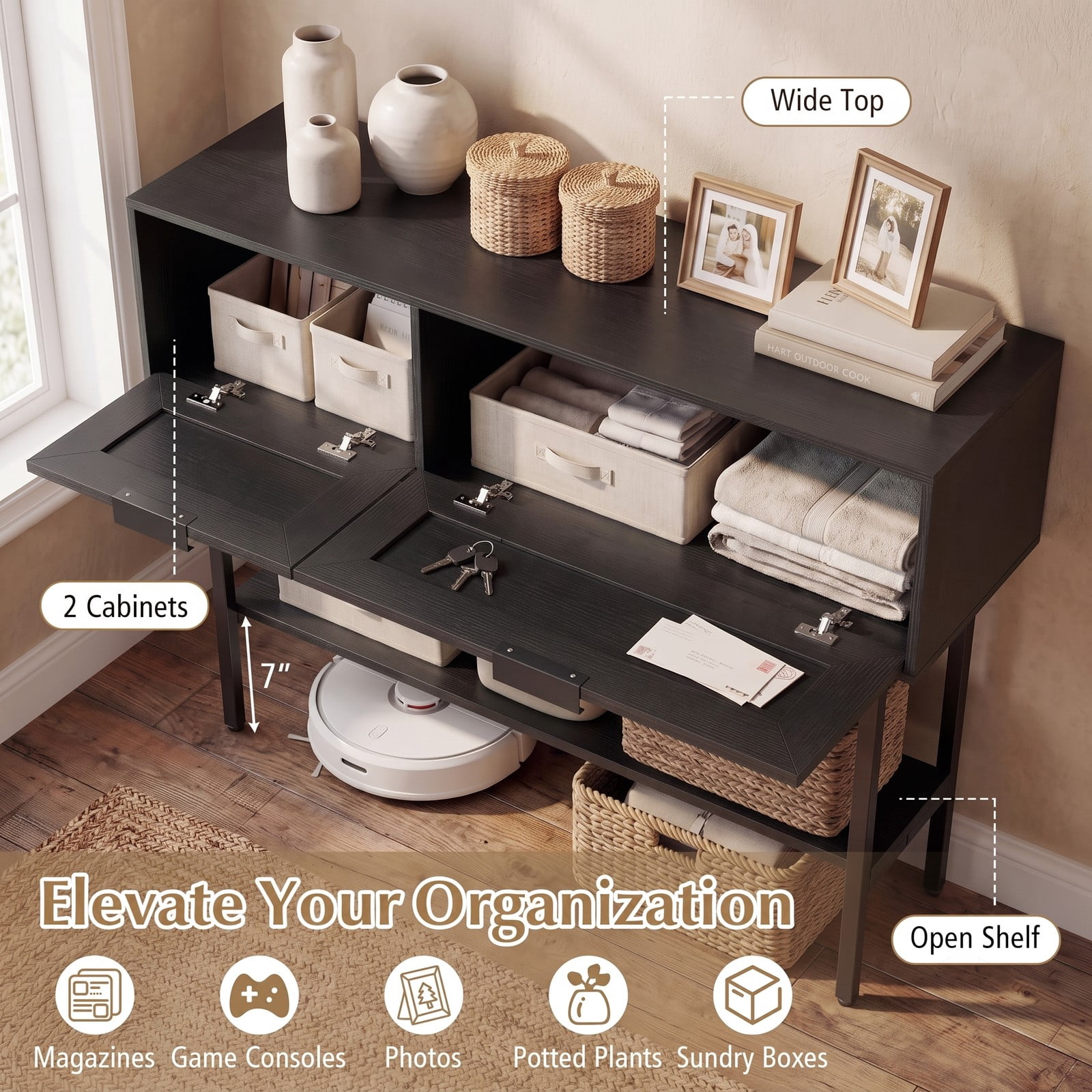 Furnibear Rattan Console Table with 2 Storage Drawers and Open Shelf and Carbon Steel Frame for Entryway and Hallway, Black