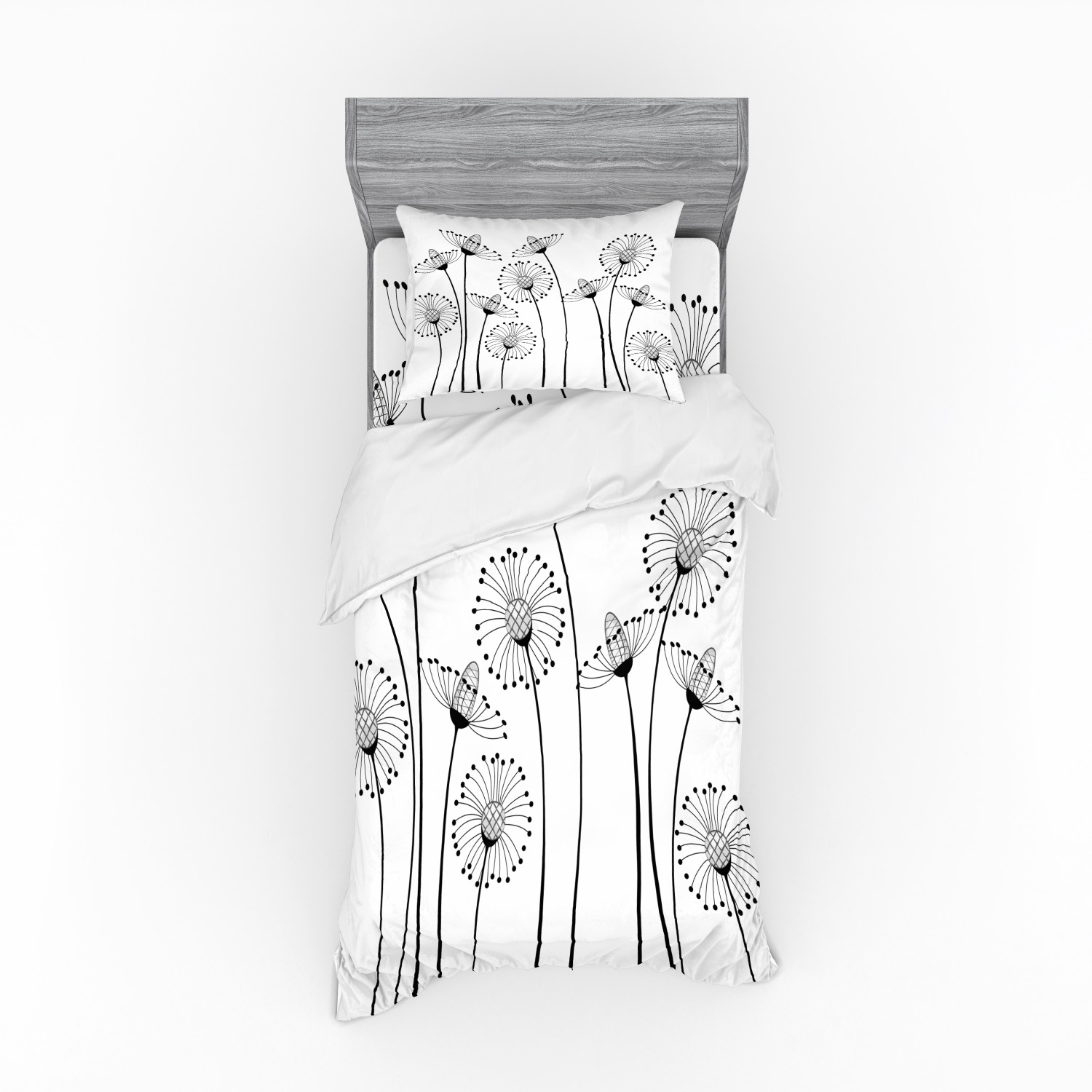 Black and White Duvet Cover Set, Meadow Flowers with Abstract