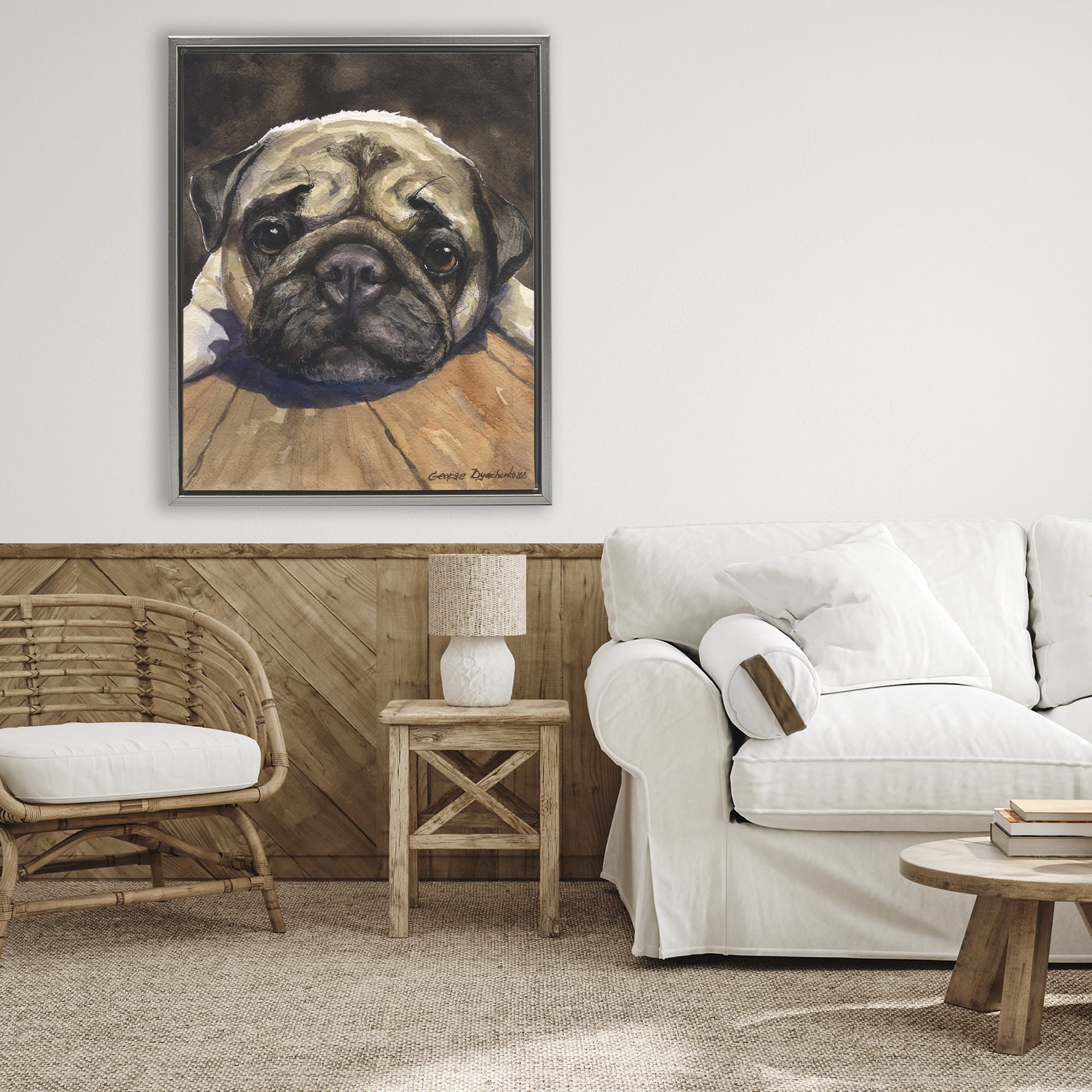 Stupell Industries Pug Soulful Portrait Gray Framed Floater Canvas Wall Art, design by George Dyachenko