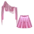 thumbnail image 6 of TSSOE Kids Girls 2 Piece Sequin Jazz Dance Outfit Long Sleeve Metallic Fringed Crop Top and Mini Pleated Skirts Set Pink 10, 6 of 7