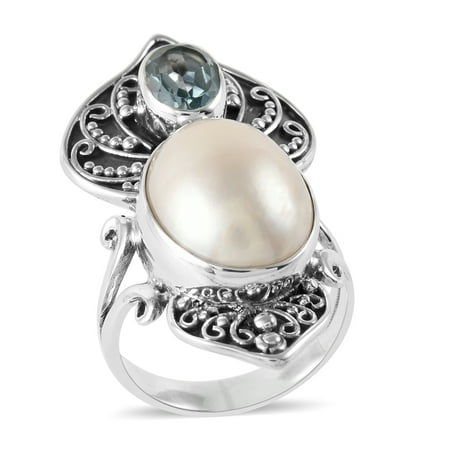 BALI LEGACY Mabe White Pearl and Sky Blue Topaz Ring 925 Sterling Silver Jewelry for Women