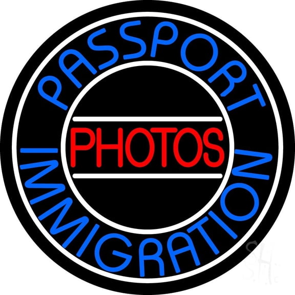 Blue Passport Immigration Photos 1 LED Neon Sign 26 x 26 - inches, Clear Edge Cut Acrylic Backing, with Dimmer - Bright and Premium built indoor LED Neon Sign for art gallery, and exhibition.