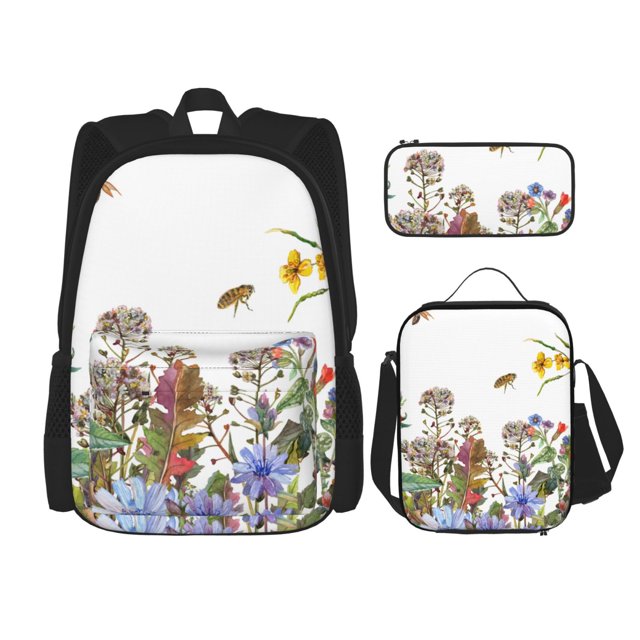 Balery Herbs and Wildflowers Mochila escolar 3 en 1 para niños: mochila resistente con lonchera térmica y estuche para lápices. Mochila escolar para niños y niñas.