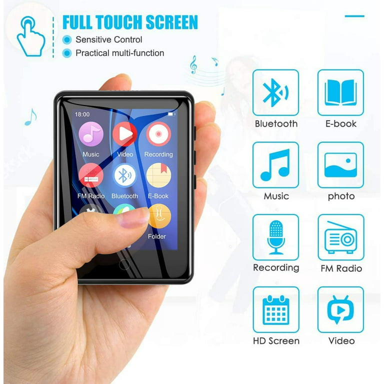 32GB MP3 Player Bluetooth 5.0 Full Touch Screen Color Screen Mini MP3  Player, HiFi Lossless Music Player with Speakers, FM Radio, Recording,  Support