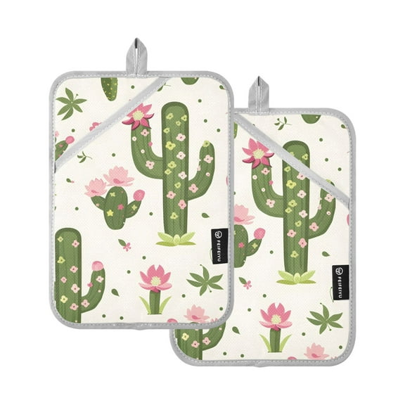 Pot Holders Set of 2 Heat Resistant 338℉ Kitchen Oven Gloves Potholder Cooking Baking Microwave Mitts Cactus and Pink Flowers