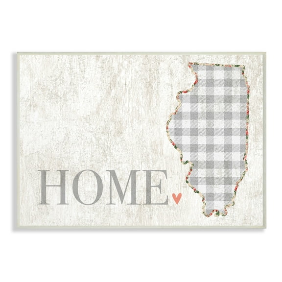 The Stupell Home Decor Collection Illinois Grey Gingham and Floral Heart and Home Wall Plaque Art, 10 x 0.5 x 15