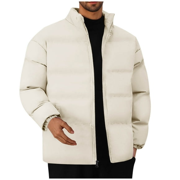 WRKEKC Mens Puffer Jacket Stand Collar Solid Color Warm Thickened Cotton Jacket Bread Coat for Winter Daily Casual Outdoor Warm Wear