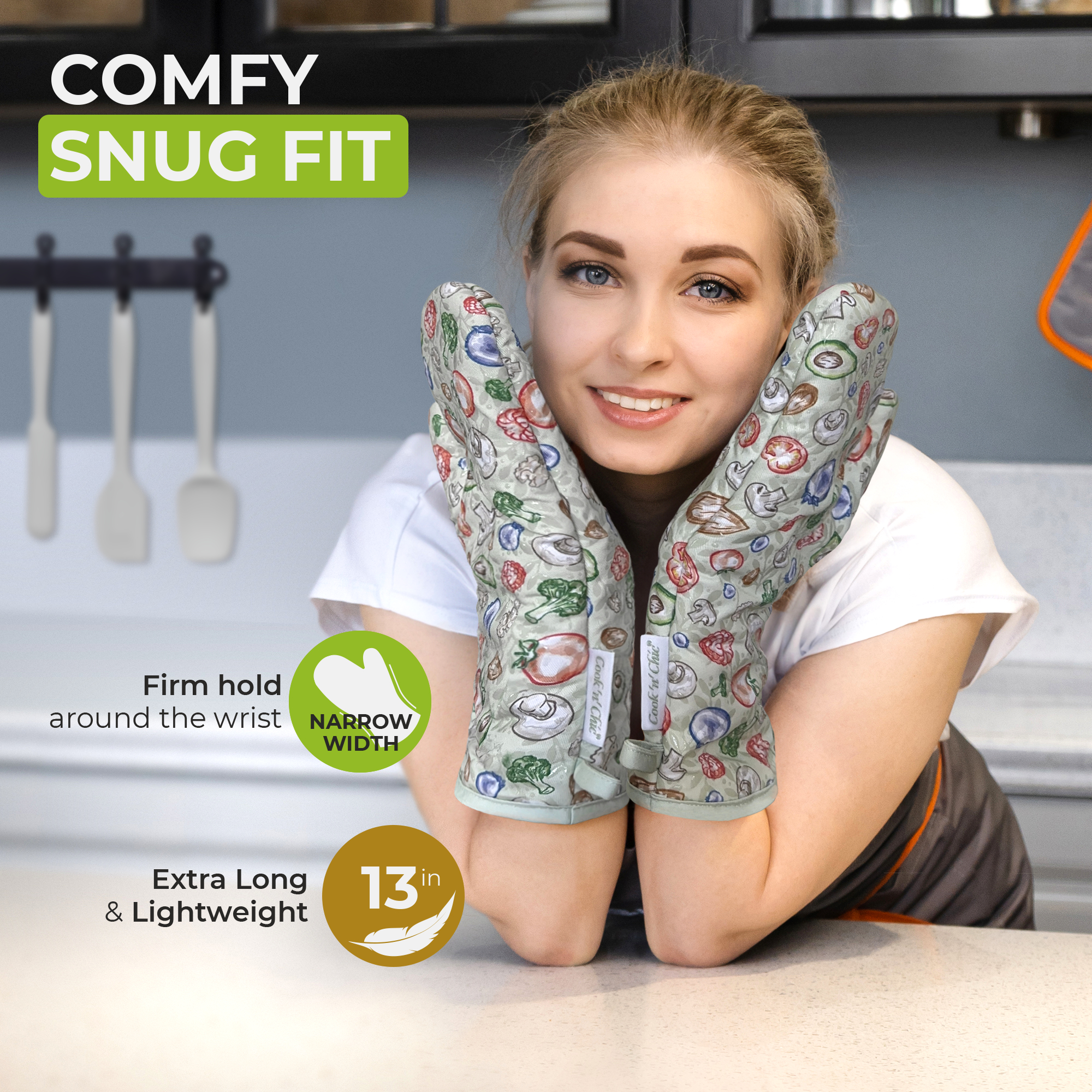 Premium Heat-Resistant Oven Mitts - Stylish and Beautiful - Non-Slip Platinum Silicone Grip - Long and Thick - 100% Natural Cotton Exterior and Soft Terry Cloth Lining - Set of 2 by Cook'n'Chic