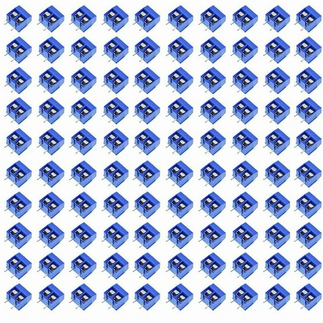 100 uds kf301-2p conector de terminal de tornillo de 2 paso de 5mm 15a 300v empalmable — paquete de 100 bloques terminales KF301-2P de 2 polos en carcasa ABS azul con tornillos visibles y pines rectos para PCB, espaciado 5 mm, para cables 22–14 AWG y uso hasta 300 V/15 A; repetición isométrica sobre fondo blanco; a menudo usado para prototipos y conexiones rápidas en proyectos electrónicos.