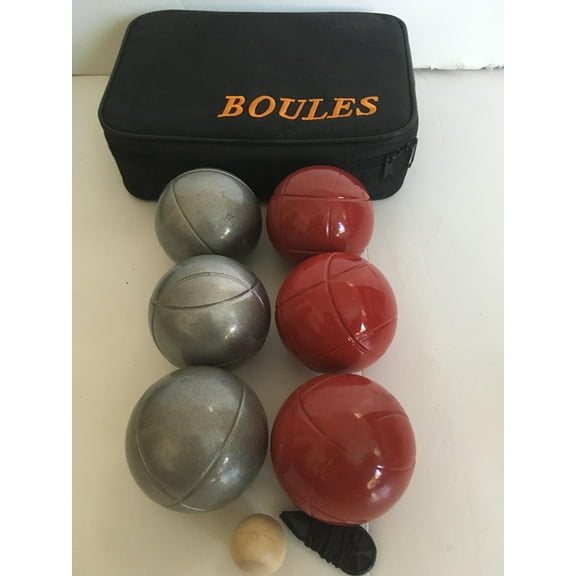 BuyBocceBalls Listing -73mm Metal Petanque/Boules 6 Ball Set with 3 Striped Grind Sand and 3 red Balls and Black Bag