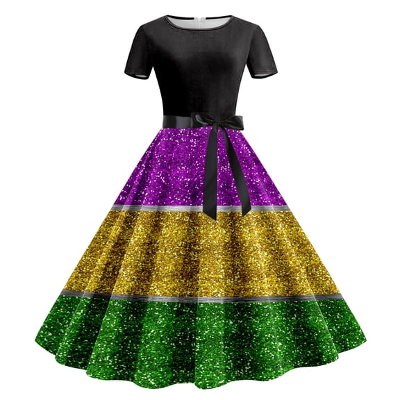 Tisuna Gold Mardi Gras Long Dress For Women Fashion Print Short Sleeve Crew Neck Dresses Comfortable Loose Ladies Festival Cocktail Dress Size Xl