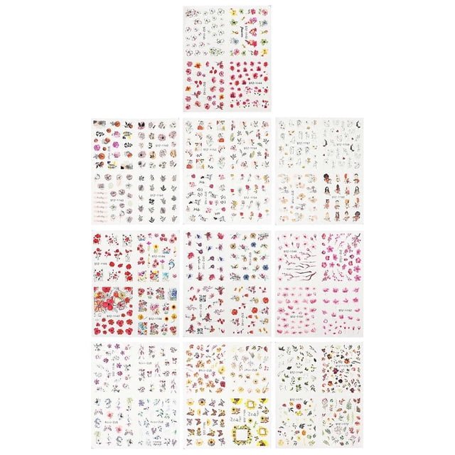 Assorted Color Nail Decals For Women Daily Life Decoration 12.6X10.5cm Long-lasting Flower Patterns 10 Sheets