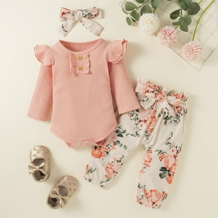 

3pcs/set Baby Girls Outfit Sets Infant Romper Ruffle Floral Pants Headband Cute Toddler Baby Girl Clothes Set(Newborn-24 Months) Pink 12-18 Months