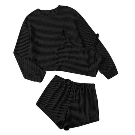 

PEASKJP Pregnancy Pajamas for Women Womens Pajama Pullover Casual Round Neck Long Sleeve Three Piece Women Short Pajama Set Pajamas Black X-Large