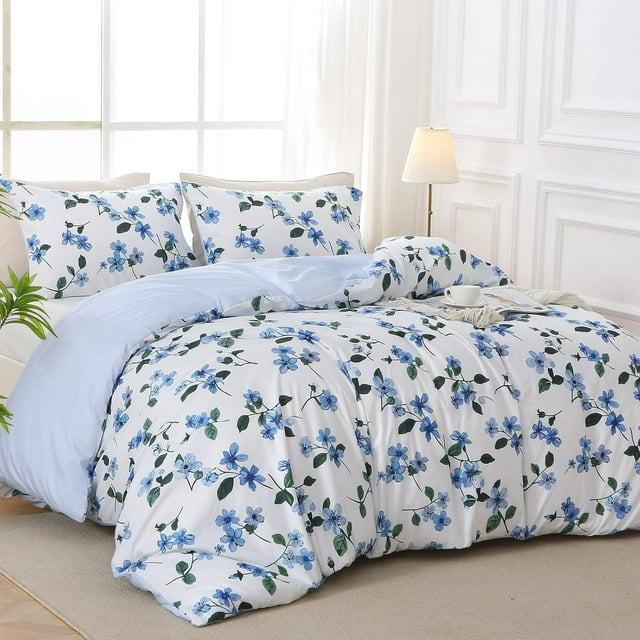 Duvet Cover Queen Size Reversible Floral Duvet Cover Set with Zipper Closure Pieces Botanical Patterns Soft Microfiber Bedding Set (&#;x Pillow Cases &#;×&#