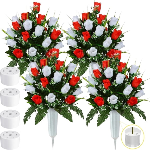MUCHENGGIFT Artificial Cemetery Flowers 96 Heads Artificial Rose Bouquet Grave Flowers for Cemetery Flower Arrangement with Vase Silk Memorial Flowers for Headstone Decor Outdoor (Red, White)