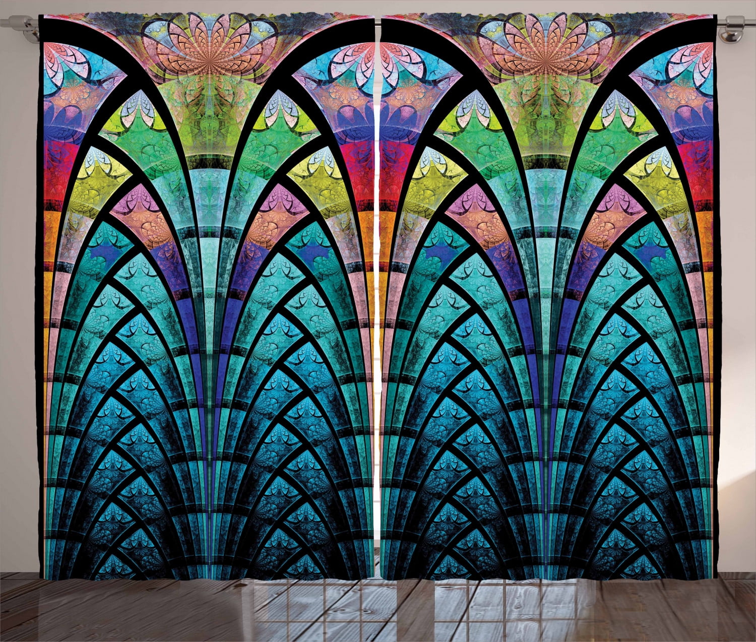 Abstract Curtains 2 Panels Set, Curves Pattern with Weathered Colors ...